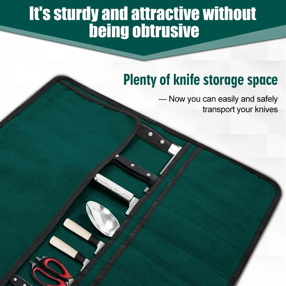 Green Chef Knife Bag With 20 Slots Cutlery Knives Holders Protectors, Home Kitchen Travel Cooking Tools, Portable Canvas Knife Roll Storage Bag Chef Case for Camping or Working