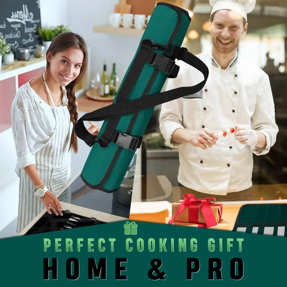 Green Chef Knife Bag With 20 Slots Cutlery Knives Holders Protectors, Home Kitchen Travel Cooking Tools, Portable Canvas Knife Roll Storage Bag Chef Case for Camping or Working