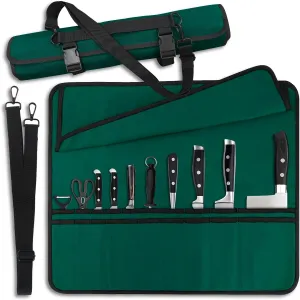 Green Chef Knife Bag With 20 Slots Cutlery Knives Holders Protectors, Home Kitchen Travel Cooking Tools, Portable Canvas Knife Roll Storage Bag Chef Case for Camping or Working