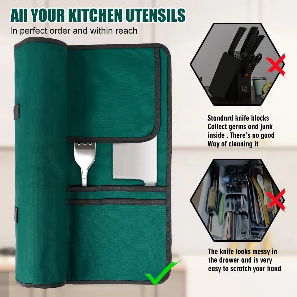 Green Chef Knife Bag With 20 Slots Cutlery Knives Holders Protectors, Home Kitchen Travel Cooking Tools, Portable Canvas Knife Roll Storage Bag Chef Case for Camping or Working