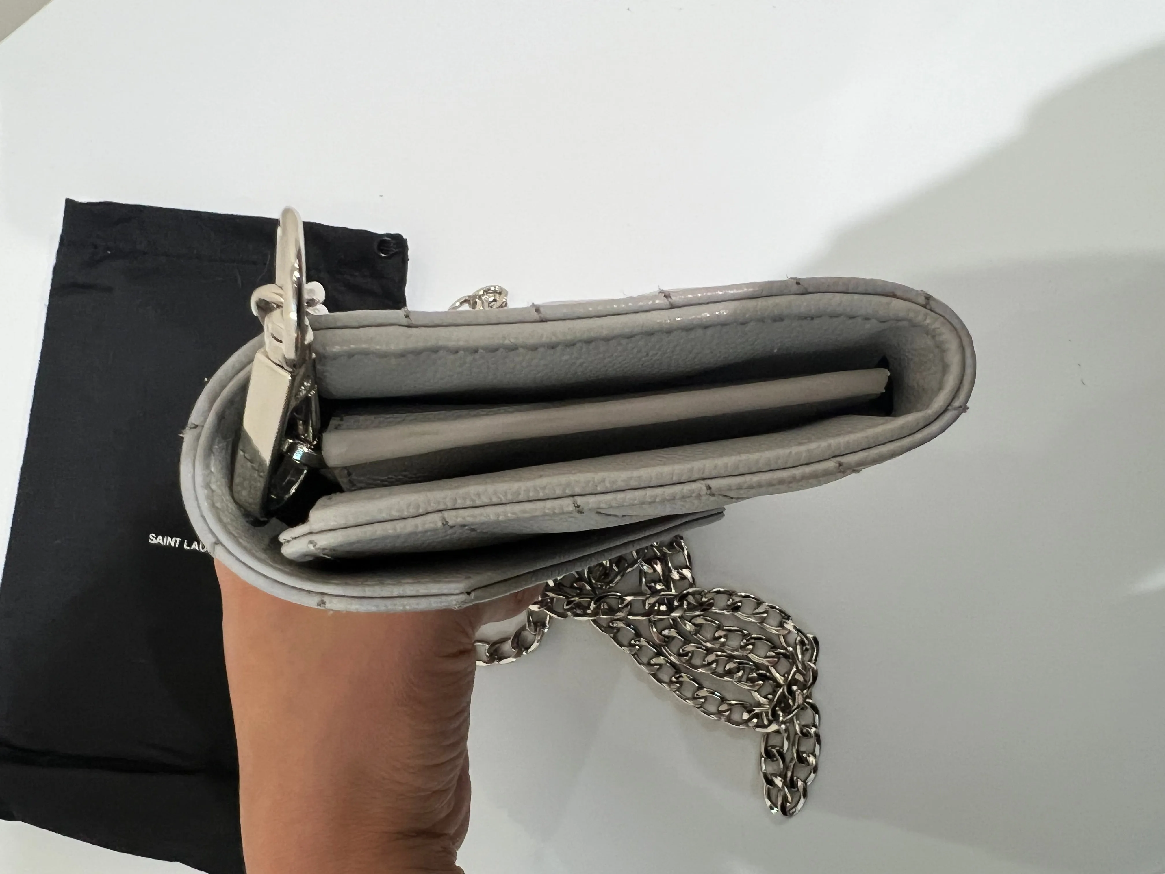 Grey YSL monogram wallet on chain