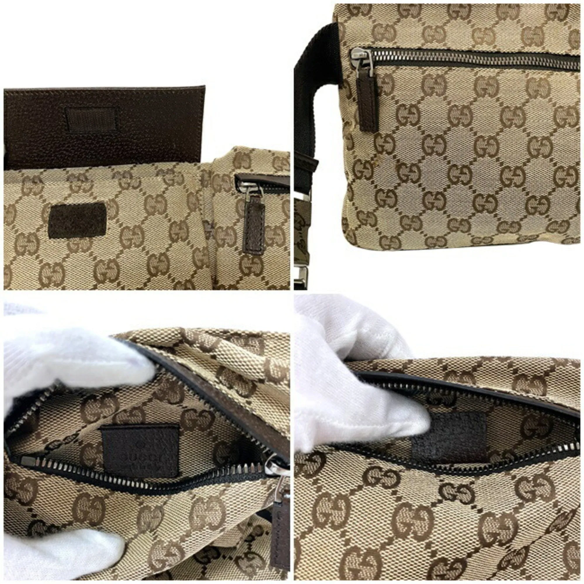 Gucci Body Bag Beige Brown GG Canvas 28566 002058 Waist Pouch Leather GUCCI Belt Velcro Women's Men's Unisex
