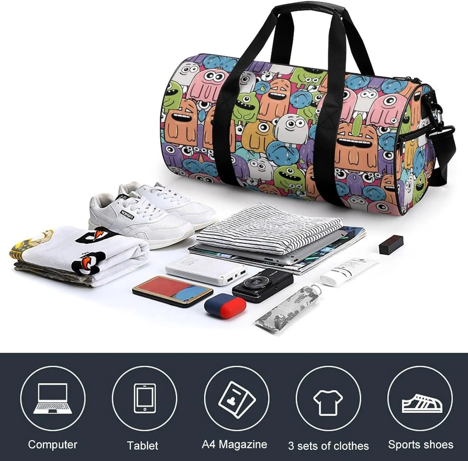 Gym Bag for Men Women Lightweight Sports Duffle Bag with Multiple Compartments Cylindrical Gym Bag for Fitness Travel And Outdoor Activities Ater Resistant Yoga Bag Training Bag Cartoon Crowd
