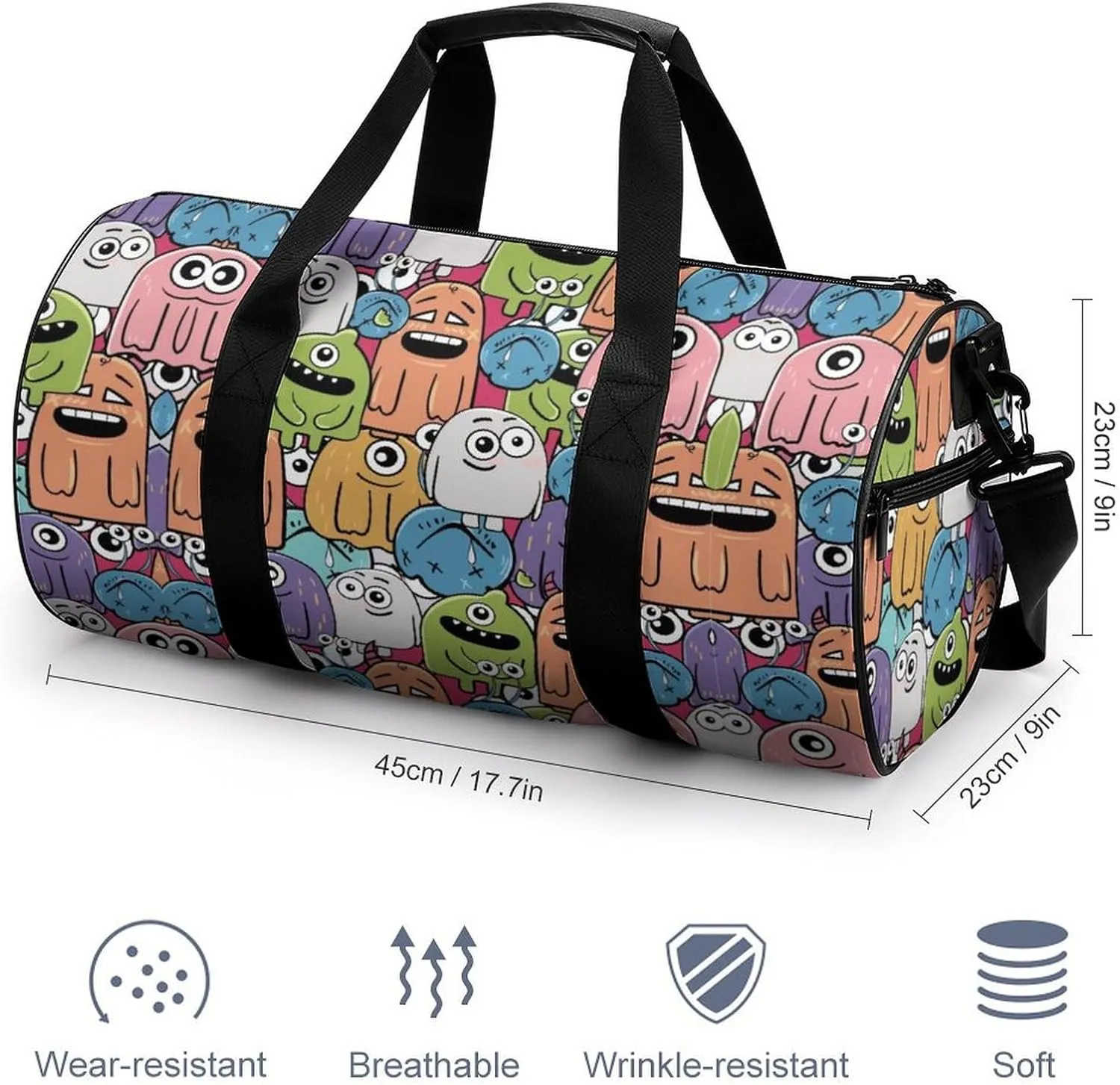 Gym Bag for Men Women Lightweight Sports Duffle Bag with Multiple Compartments Cylindrical Gym Bag for Fitness Travel And Outdoor Activities Ater Resistant Yoga Bag Training Bag Cartoon Crowd