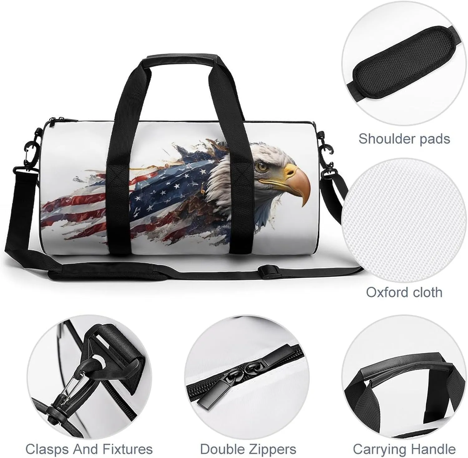 Gym Bag for Men Women Lightweight Sports Duffle Bag with Multiple Compartments Cylindrical Gym Bag for Fitness Travel And Outdoor Activities Ater Resistant Yoga Bag Training Bag Flag Eagle