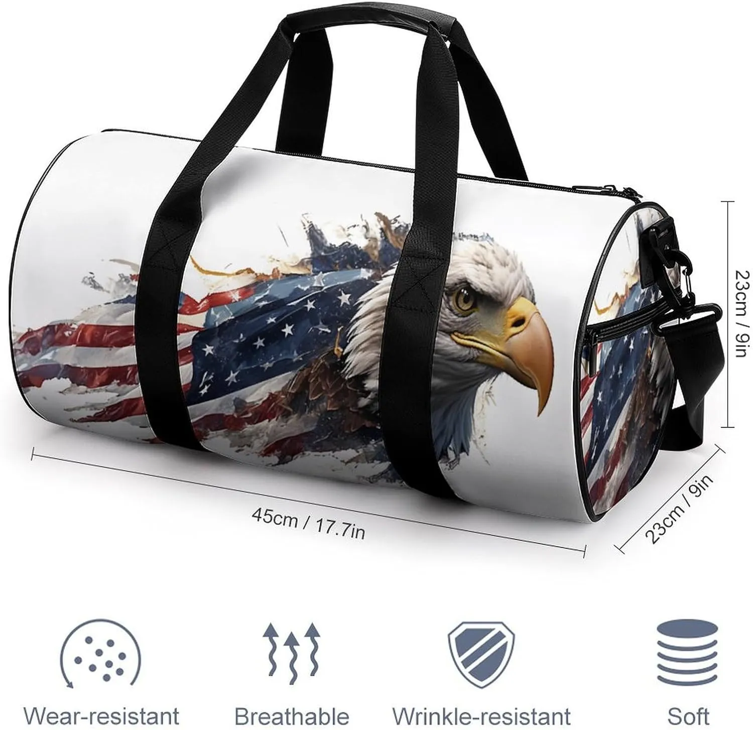 Gym Bag for Men Women Lightweight Sports Duffle Bag with Multiple Compartments Cylindrical Gym Bag for Fitness Travel And Outdoor Activities Ater Resistant Yoga Bag Training Bag Flag Eagle