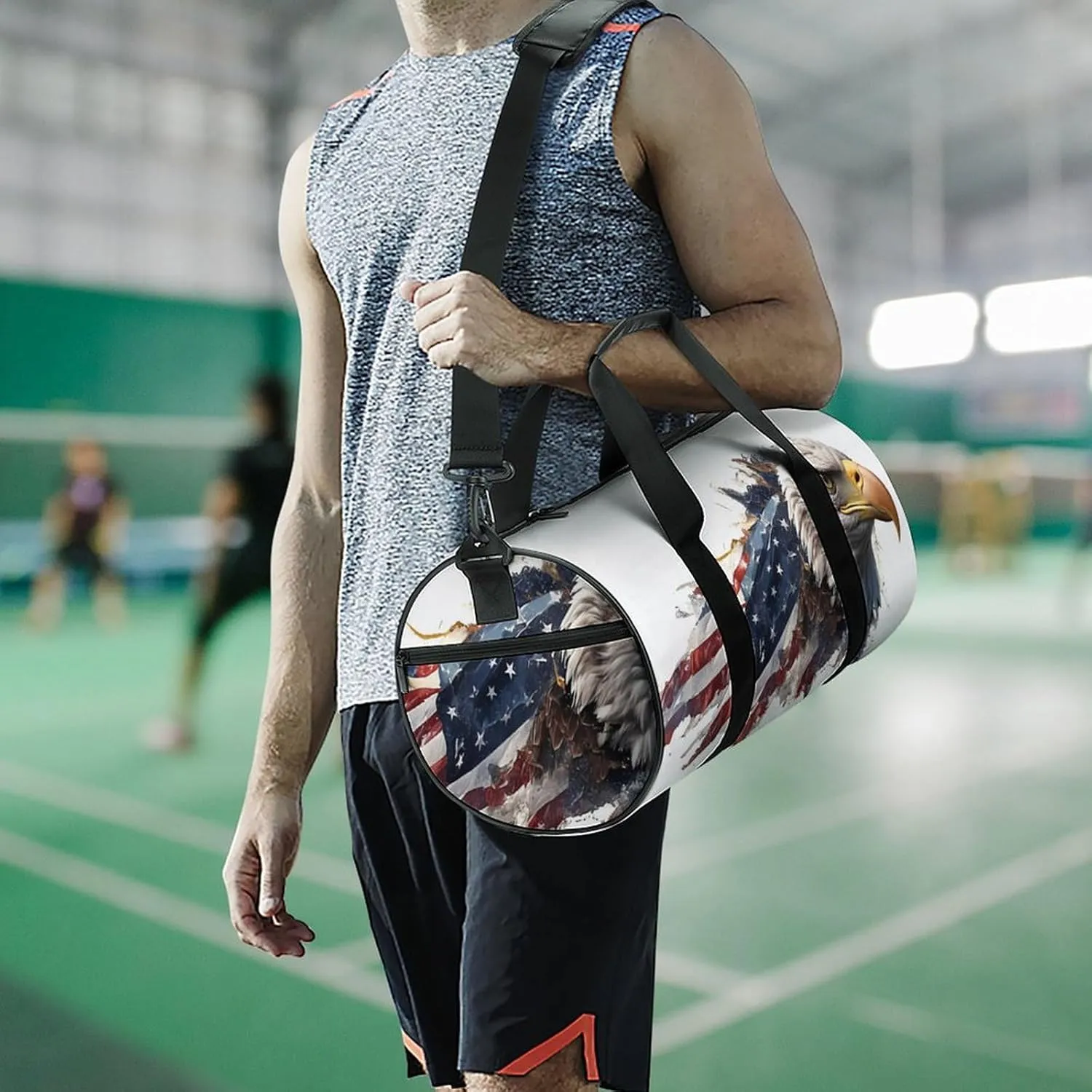 Gym Bag for Men Women Lightweight Sports Duffle Bag with Multiple Compartments Cylindrical Gym Bag for Fitness Travel And Outdoor Activities Ater Resistant Yoga Bag Training Bag Flag Eagle