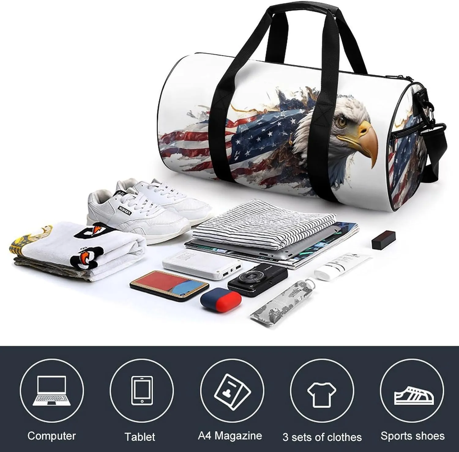Gym Bag for Men Women Lightweight Sports Duffle Bag with Multiple Compartments Cylindrical Gym Bag for Fitness Travel And Outdoor Activities Ater Resistant Yoga Bag Training Bag Flag Eagle