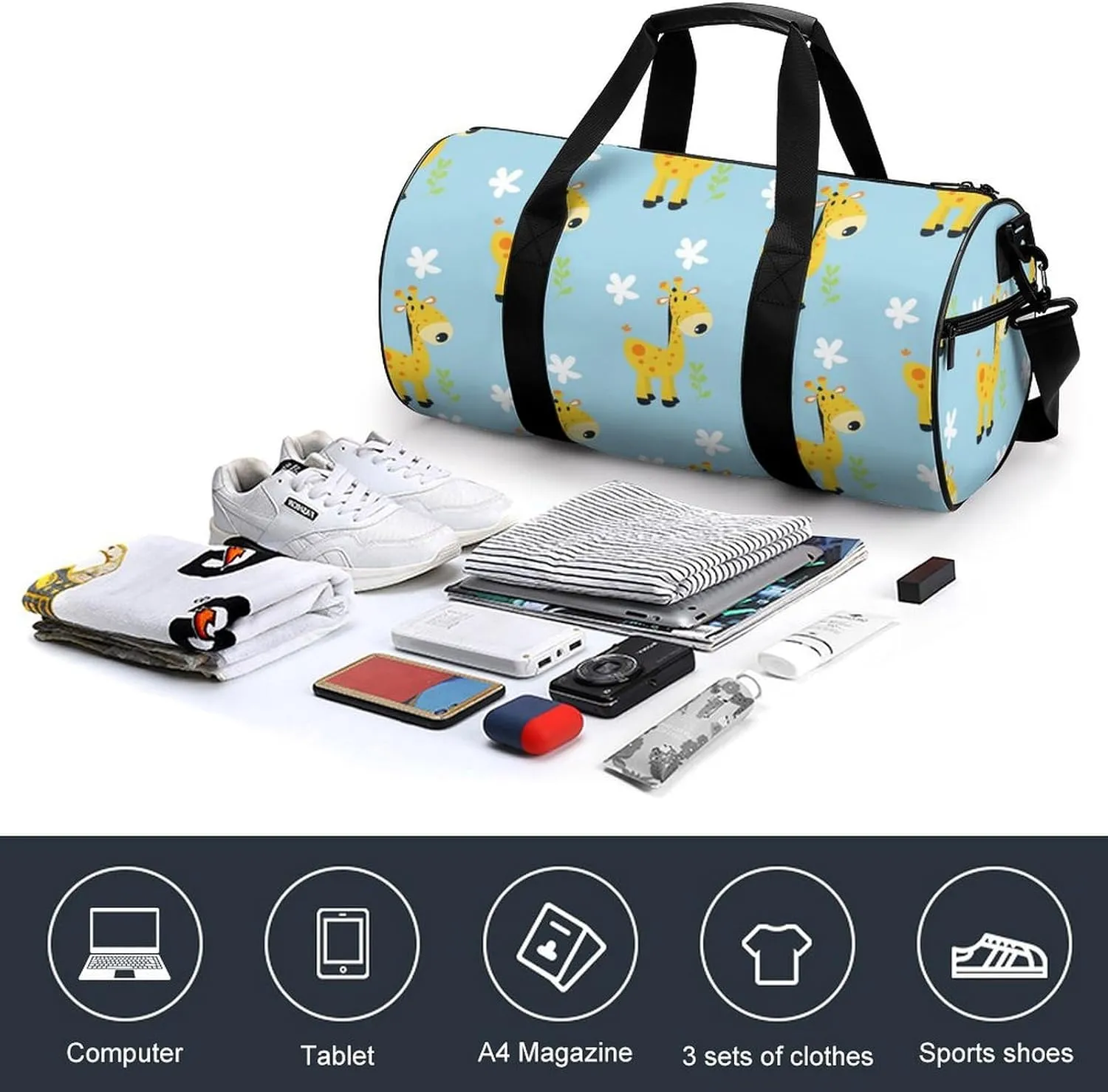 Gym Bag for Men Women Lightweight Sports Duffle Bag with Multiple Compartments Cylindrical Gym Bag for Fitness Travel And Outdoor Activities Ater Resistant Yoga Bag Training Bag Giraffe Meadow