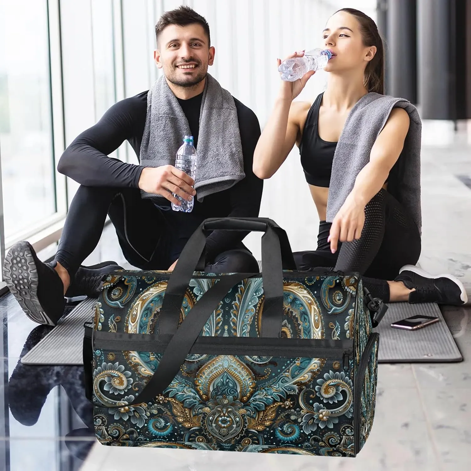 Gym Bag for Women Men Ethnic Texture Solemn Travel Duffle Bag with Shoe Compartment Waterproof Sports Tote Bags Large Overnight Weekender Bags for Travel Swimming Gym Yoga Dance