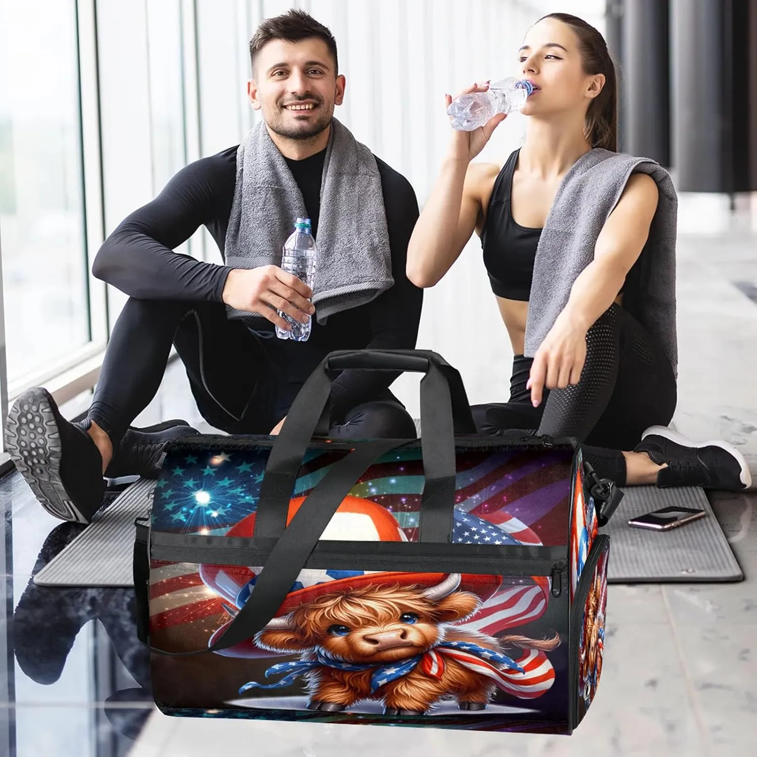 Gym Bag for Women Men Flag Cute Highland Cow Travel Duffle Bag with Shoe Compartment Waterproof Sports Tote Bags Large Overnight Weekender Bags for Travel Swimming Gym Yoga Dance