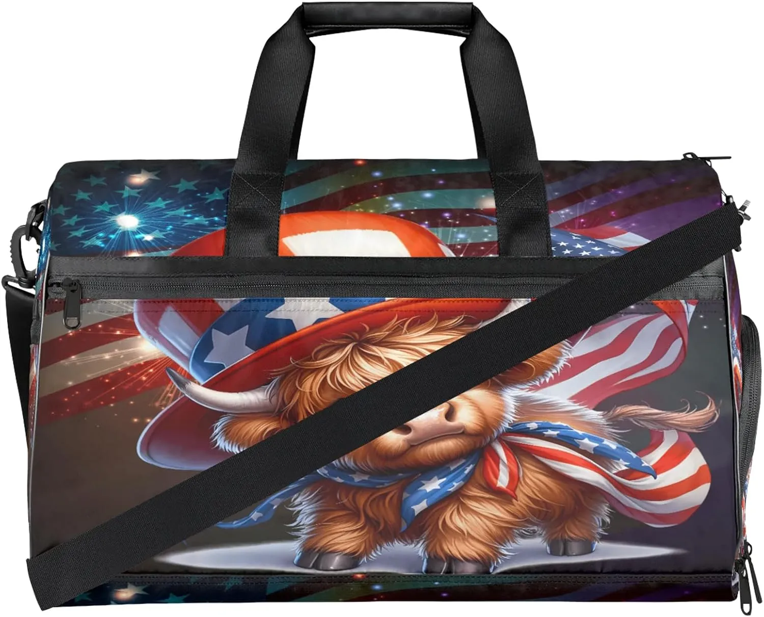 Gym Bag for Women Men Flag Cute Highland Cow Travel Duffle Bag with Shoe Compartment Waterproof Sports Tote Bags Large Overnight Weekender Bags for Travel Swimming Gym Yoga Dance
