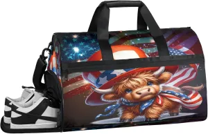 Gym Bag for Women Men Flag Cute Highland Cow Travel Duffle Bag with Shoe Compartment Waterproof Sports Tote Bags Large Overnight Weekender Bags for Travel Swimming Gym Yoga Dance