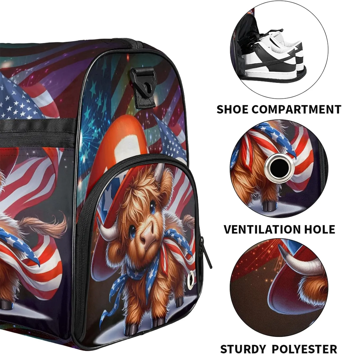 Gym Bag for Women Men Flag Cute Highland Cow Travel Duffle Bag with Shoe Compartment Waterproof Sports Tote Bags Large Overnight Weekender Bags for Travel Swimming Gym Yoga Dance