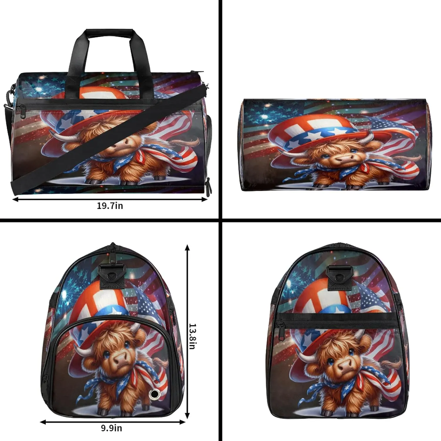Gym Bag for Women Men Flag Cute Highland Cow Travel Duffle Bag with Shoe Compartment Waterproof Sports Tote Bags Large Overnight Weekender Bags for Travel Swimming Gym Yoga Dance