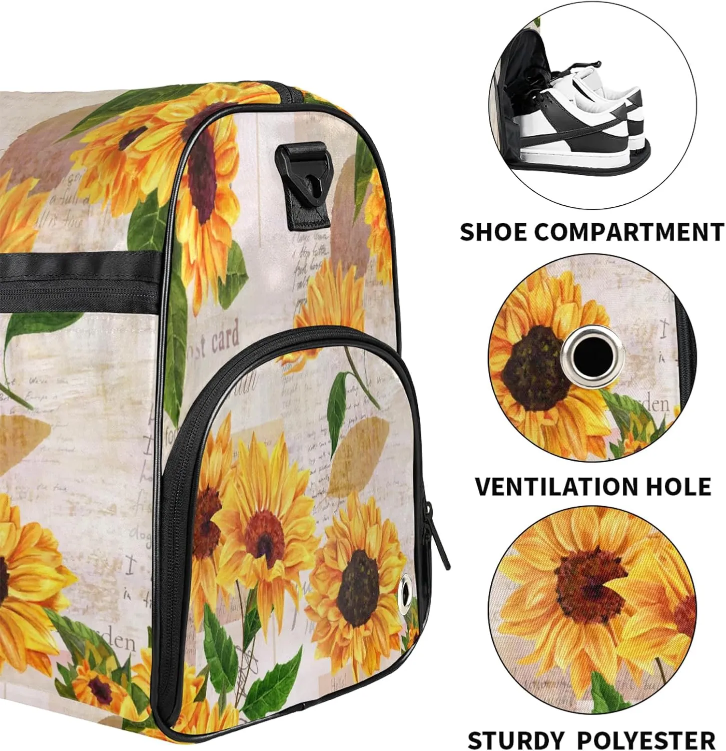 Gym Bag for Women Men Flower Retro Sunflower Travel Duffle Bag with Shoe Compartment Waterproof Sports Tote Bags Large Overnight Weekender Bags for Travel Swimming Gym Yoga Dance