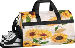 Gym Bag for Women Men Flower Retro Sunflower Travel Duffle Bag with Shoe Compartment Waterproof Sports Tote Bags Large Overnight Weekender Bags for Travel Swimming Gym Yoga Dance