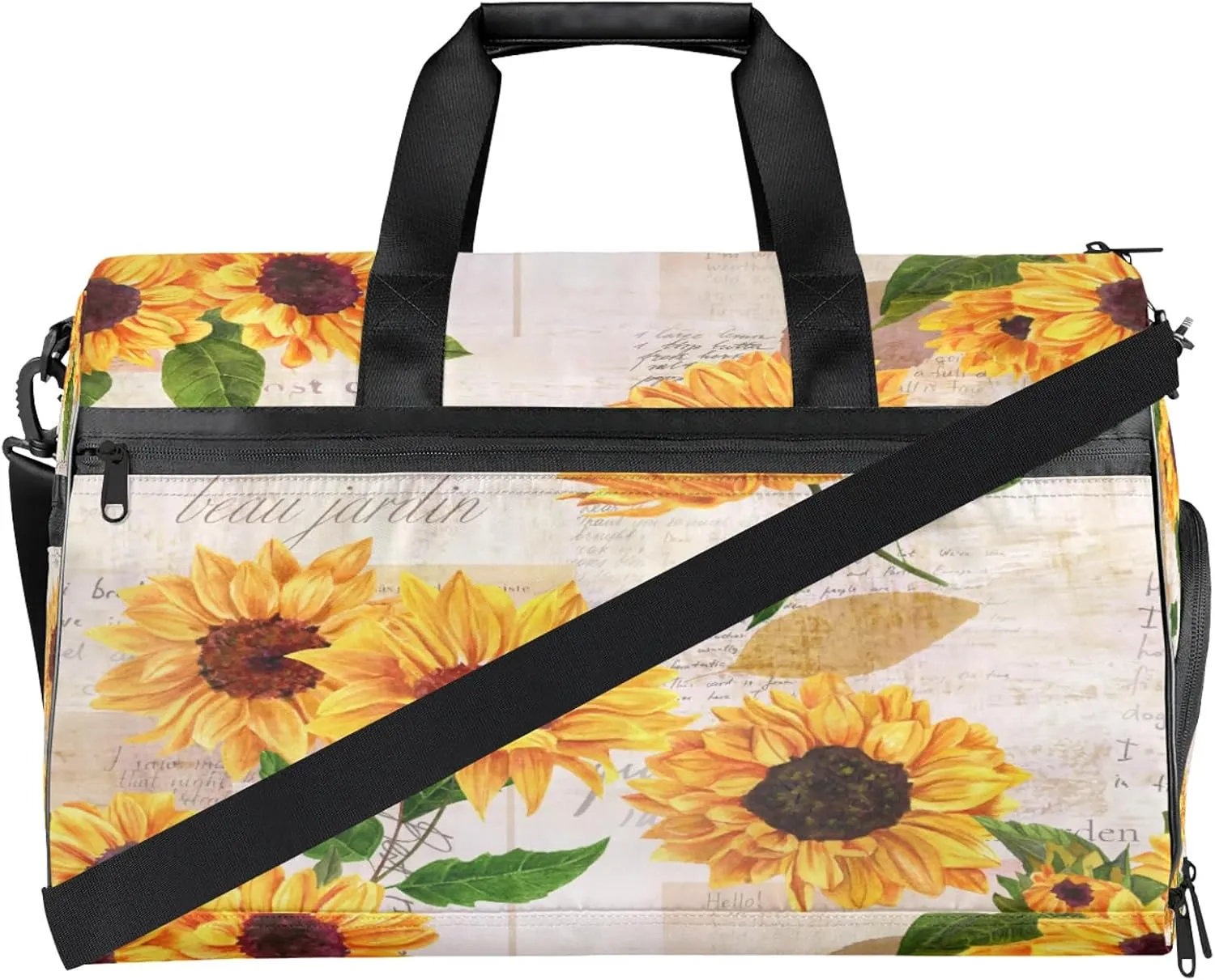 Gym Bag for Women Men Flower Retro Sunflower Travel Duffle Bag with Shoe Compartment Waterproof Sports Tote Bags Large Overnight Weekender Bags for Travel Swimming Gym Yoga Dance