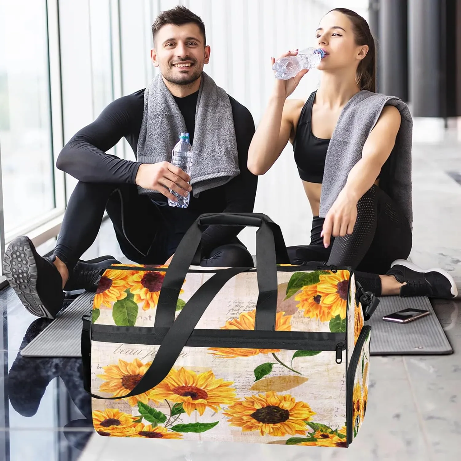 Gym Bag for Women Men Flower Retro Sunflower Travel Duffle Bag with Shoe Compartment Waterproof Sports Tote Bags Large Overnight Weekender Bags for Travel Swimming Gym Yoga Dance