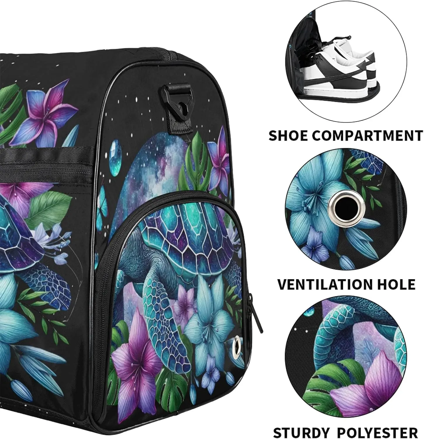 Gym Bag for Women Men Galaxy Flower Turtle Summer Travel Duffle Bag with Shoe Compartment Waterproof Sports Tote Bags Large Overnight Weekender Bags for Travel Swimming Gym Yoga Dance