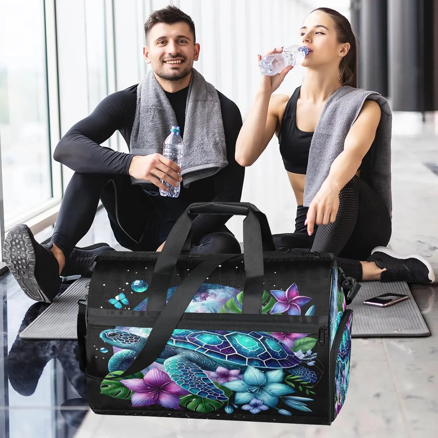 Gym Bag for Women Men Galaxy Flower Turtle Summer Travel Duffle Bag with Shoe Compartment Waterproof Sports Tote Bags Large Overnight Weekender Bags for Travel Swimming Gym Yoga Dance