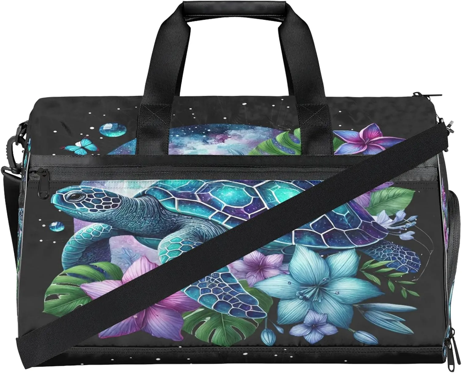 Gym Bag for Women Men Galaxy Flower Turtle Summer Travel Duffle Bag with Shoe Compartment Waterproof Sports Tote Bags Large Overnight Weekender Bags for Travel Swimming Gym Yoga Dance
