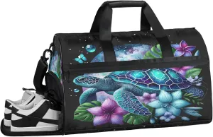 Gym Bag for Women Men Galaxy Flower Turtle Summer Travel Duffle Bag with Shoe Compartment Waterproof Sports Tote Bags Large Overnight Weekender Bags for Travel Swimming Gym Yoga Dance