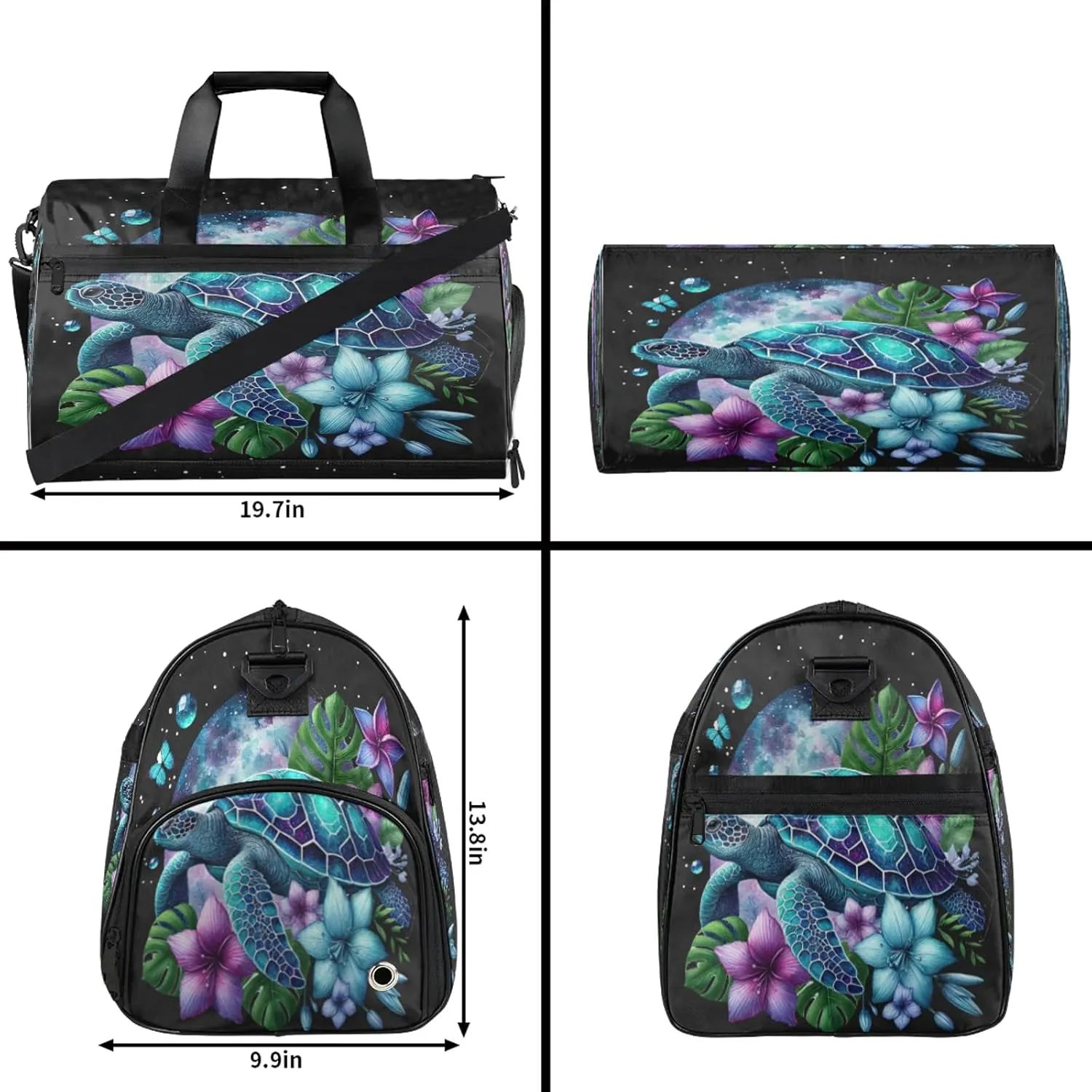 Gym Bag for Women Men Galaxy Flower Turtle Summer Travel Duffle Bag with Shoe Compartment Waterproof Sports Tote Bags Large Overnight Weekender Bags for Travel Swimming Gym Yoga Dance
