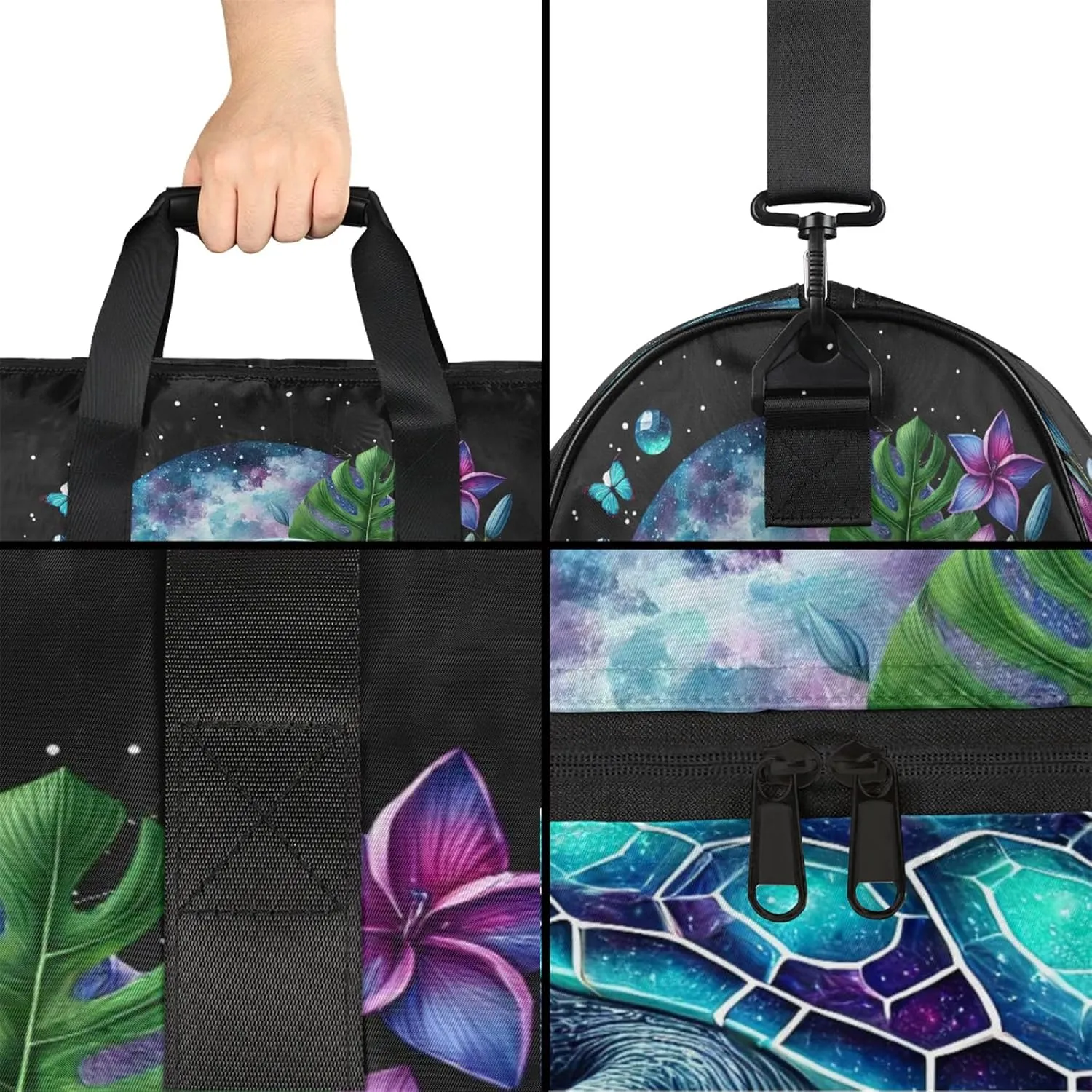Gym Bag for Women Men Galaxy Flower Turtle Summer Travel Duffle Bag with Shoe Compartment Waterproof Sports Tote Bags Large Overnight Weekender Bags for Travel Swimming Gym Yoga Dance
