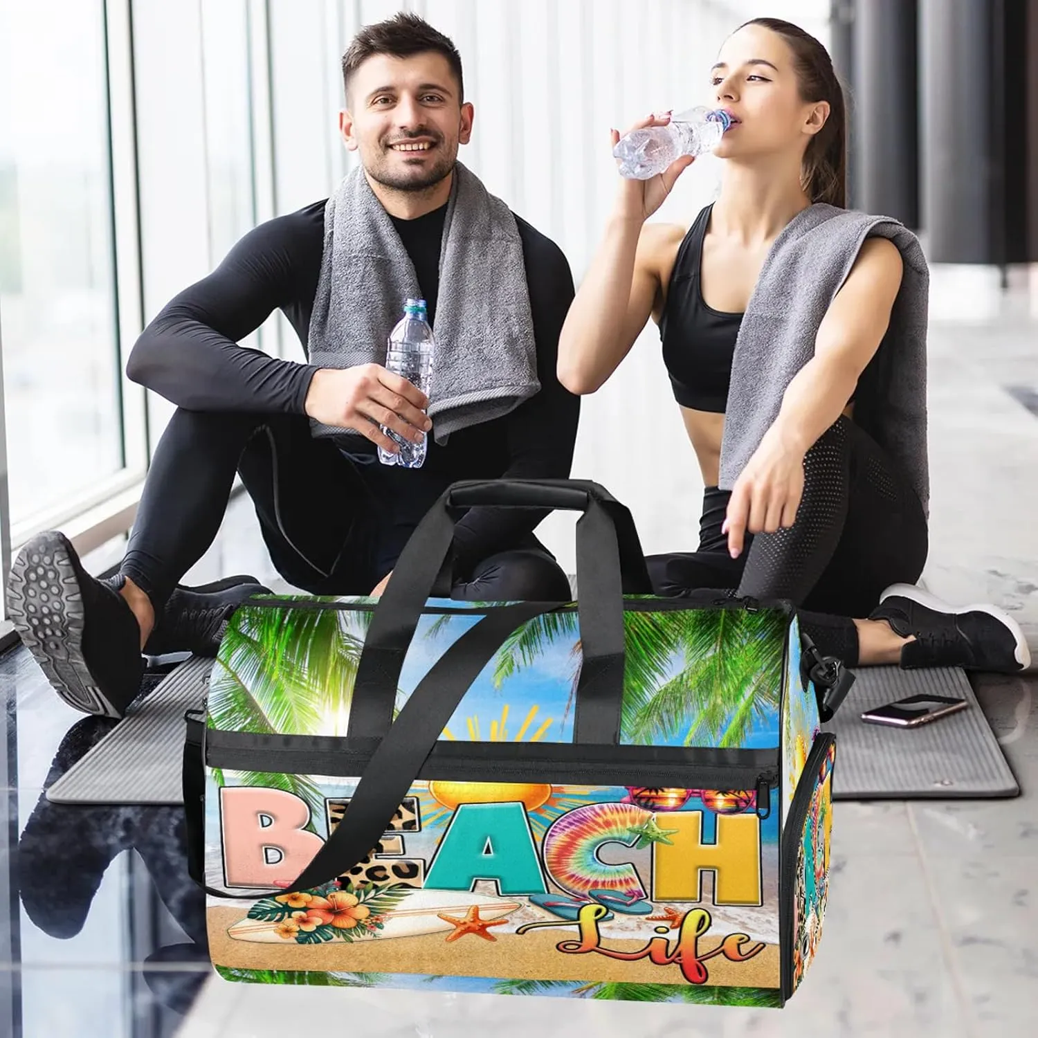 Gym Bag for Women Men Summer Palm Leaf Beach Travel Duffle Bag with Shoe Compartment Waterproof Sports Tote Bags Large Overnight Weekender Bags for Travel Swimming Gym Yoga Dance