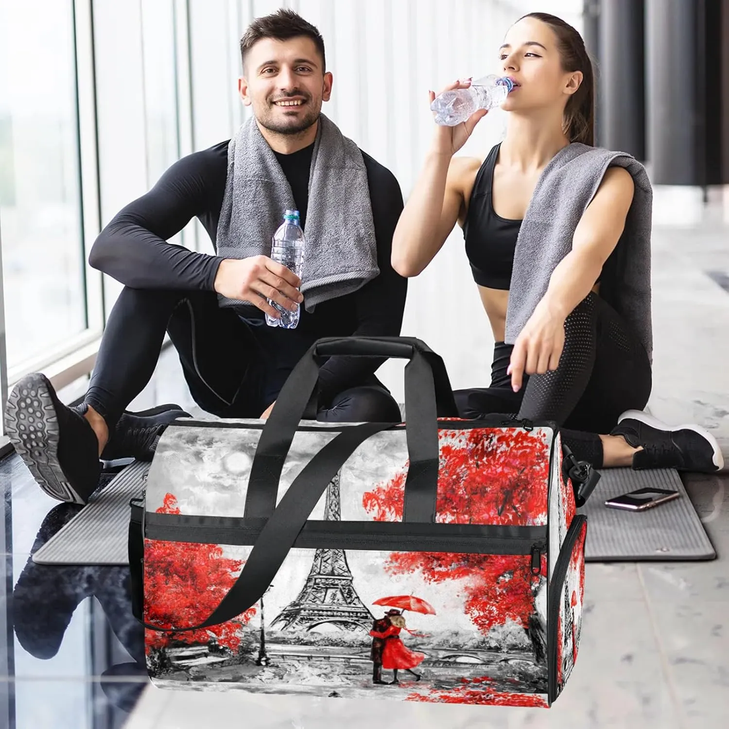 Gym Bag for Women Men Watercolor French Tree Travel Duffle Bag with Shoe Compartment Waterproof Sports Tote Bags Large Overnight Weekender Bags for Travel Swimming Gym Yoga Dance