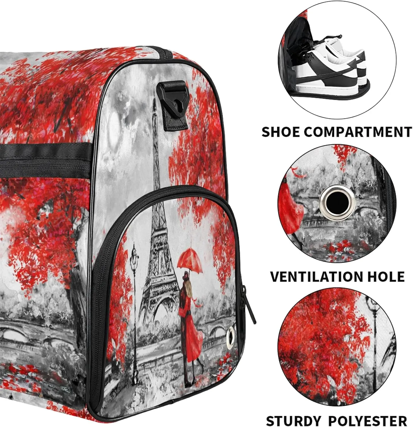 Gym Bag for Women Men Watercolor French Tree Travel Duffle Bag with Shoe Compartment Waterproof Sports Tote Bags Large Overnight Weekender Bags for Travel Swimming Gym Yoga Dance