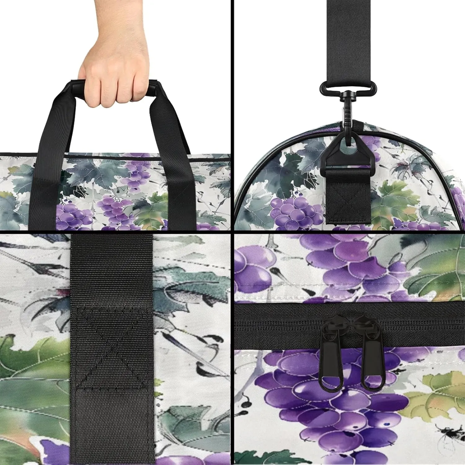 Gym Bag for Women Men Watercolor Grapes Bee Travel Duffle Bag with Shoe Compartment Waterproof Sports Tote Bags Large Overnight Weekender Bags for Travel Swimming Gym Yoga Dance