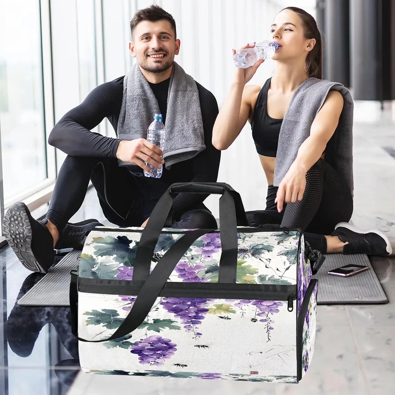 Gym Bag for Women Men Watercolor Grapes Bee Travel Duffle Bag with Shoe Compartment Waterproof Sports Tote Bags Large Overnight Weekender Bags for Travel Swimming Gym Yoga Dance