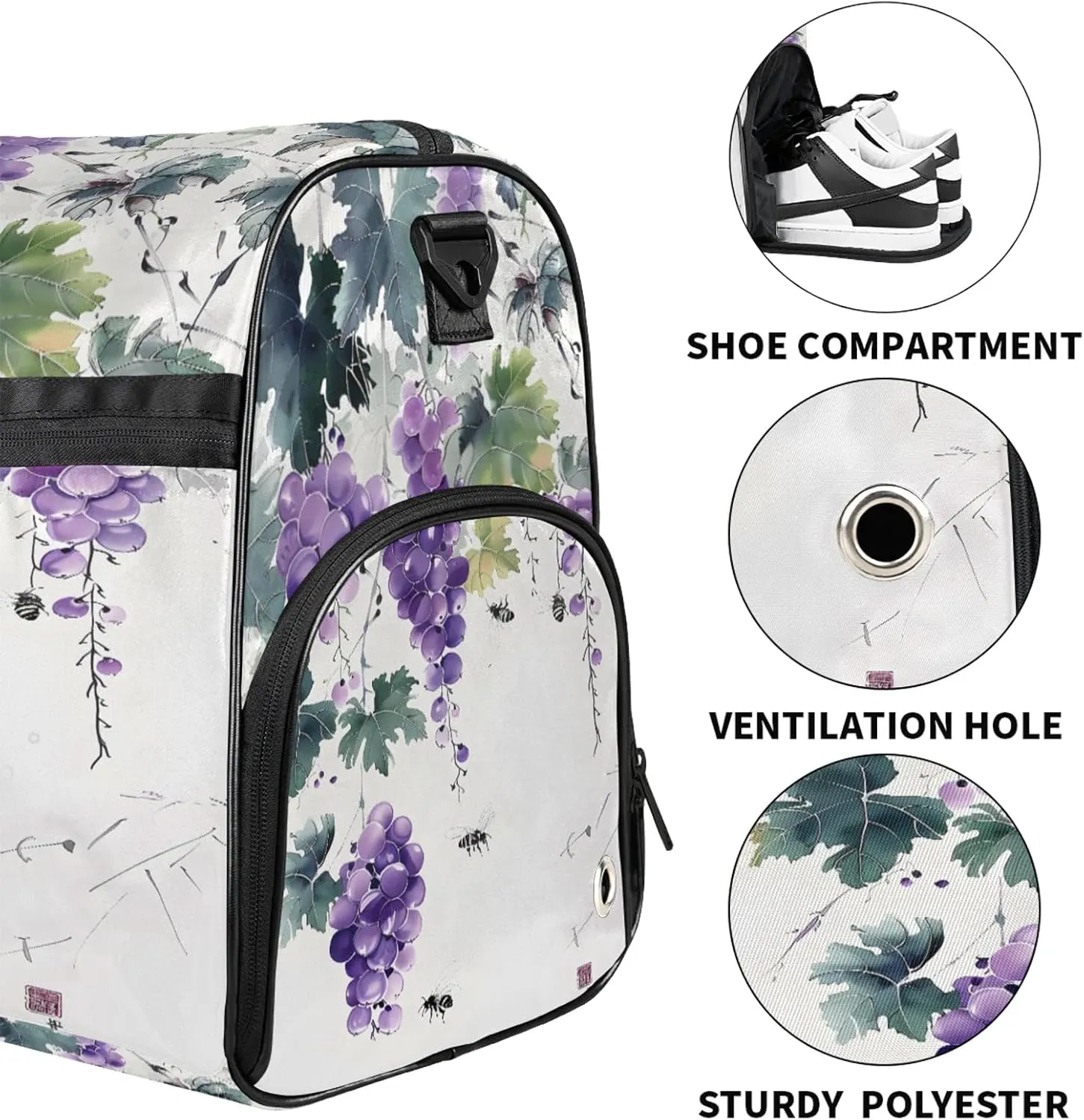 Gym Bag for Women Men Watercolor Grapes Bee Travel Duffle Bag with Shoe Compartment Waterproof Sports Tote Bags Large Overnight Weekender Bags for Travel Swimming Gym Yoga Dance