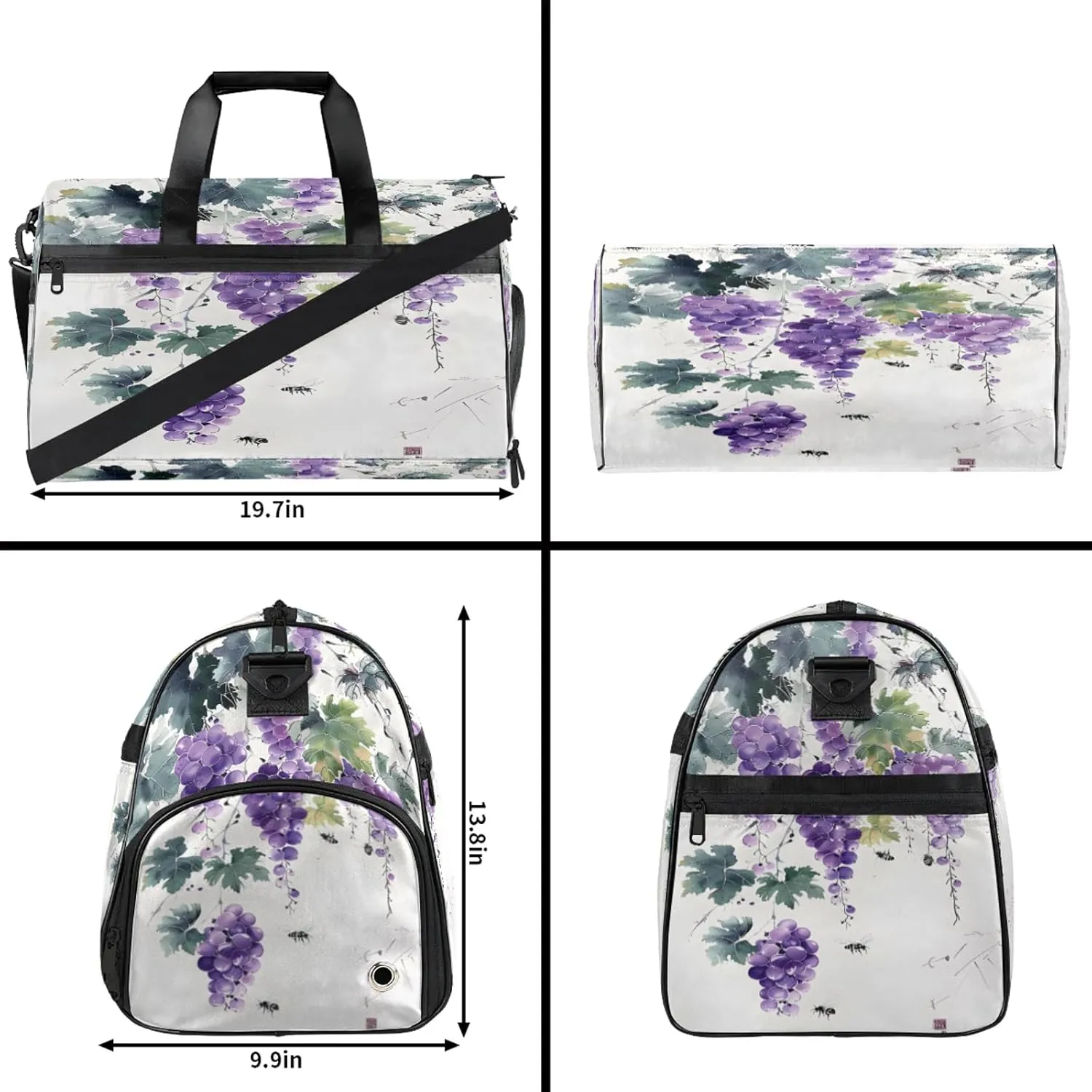 Gym Bag for Women Men Watercolor Grapes Bee Travel Duffle Bag with Shoe Compartment Waterproof Sports Tote Bags Large Overnight Weekender Bags for Travel Swimming Gym Yoga Dance