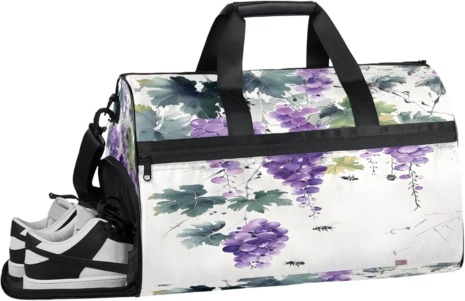 Gym Bag for Women Men Watercolor Grapes Bee Travel Duffle Bag with Shoe Compartment Waterproof Sports Tote Bags Large Overnight Weekender Bags for Travel Swimming Gym Yoga Dance
