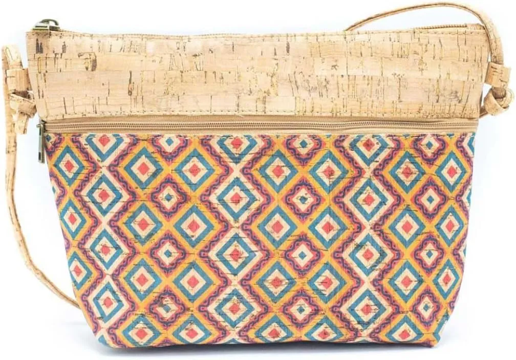 Handmade Portuguese Cork Crossbody Purse for Women, Tile Pattern, Red, Yellow and Turquoise