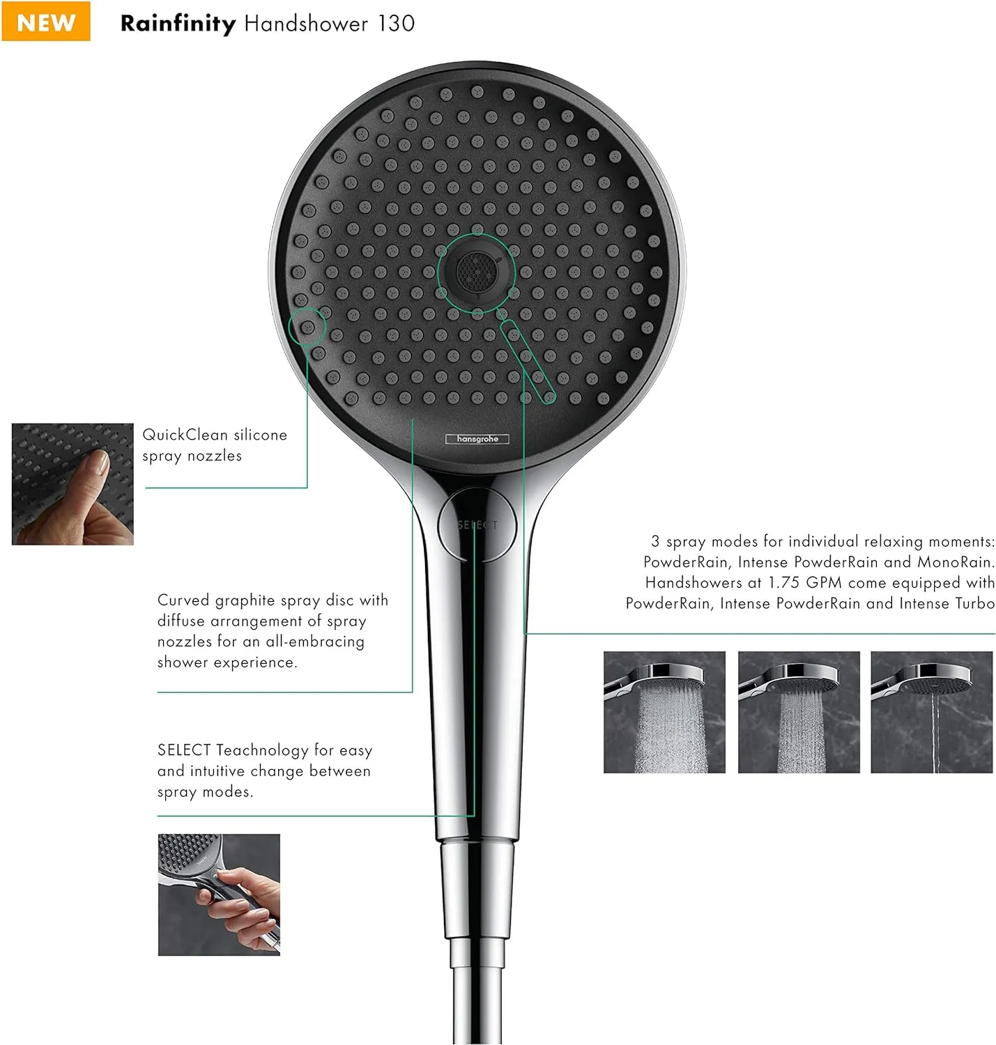 hansgrohe Rainfinity 5-inch Modern Handheld Shower Head 3-Spray PowderRain, Intense PowderRain, Intense Turbo in Brushed Nickel, 26865821