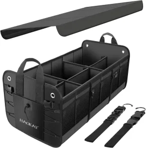 HAOKAY Car Trunk Organizer with Lid，Heavy Duty Extra Large Premium Black Oxford Multi Compartments Collapsible trunk organizer for SUV, Van, Truck, Sedan, Jeep （90L