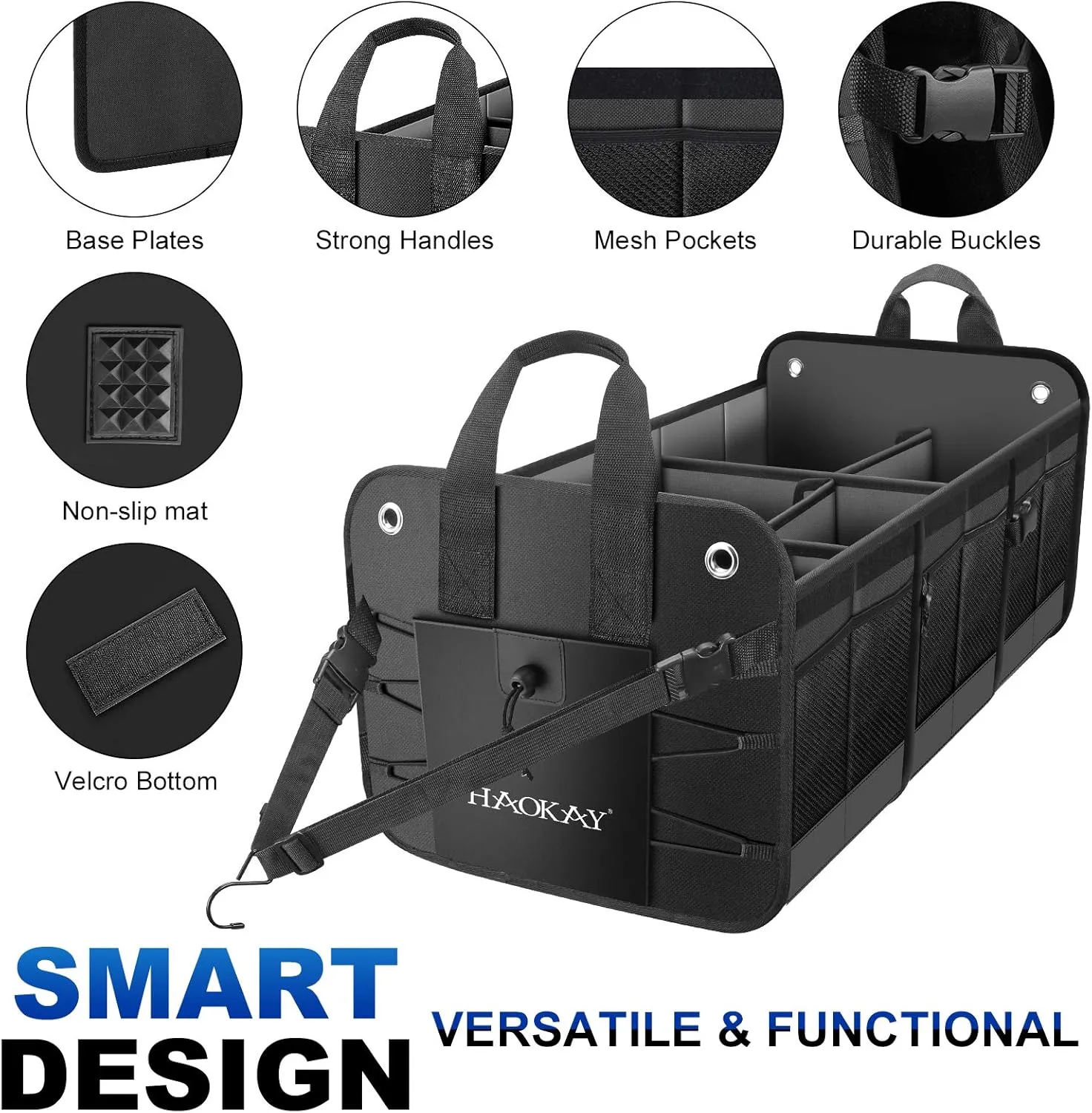 HAOKAY Car Trunk Organizer with Lid，Heavy Duty Extra Large Premium Black Oxford Multi Compartments Collapsible trunk organizer for SUV, Van, Truck, Sedan, Jeep （90L