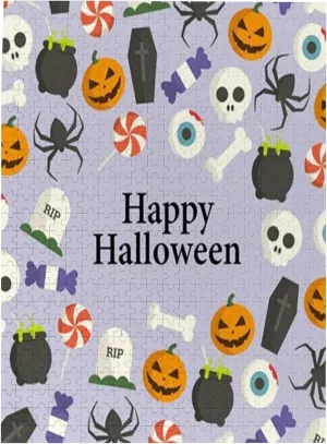 Happy Halloween Theme,Portable Wooden Jigsaw Puzzle for Adults,Scary Symbols and Candies,Birthday Gift for Family and Friends,Purple Plastic Box Storage 500PCS