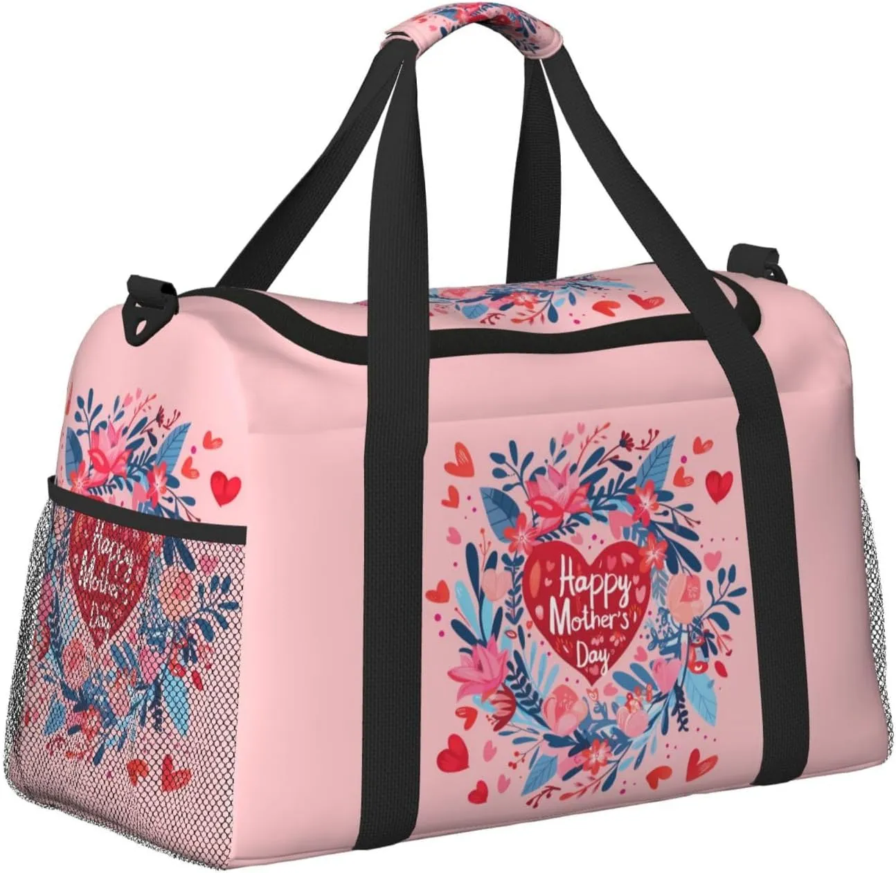 Happy Mother's Day Big Capacity Sports Gym Bag Portable Travel Duffle Bag, Flowers Ring Hearts Lightweight Weekender Workout Bag for Overnight, Unisex