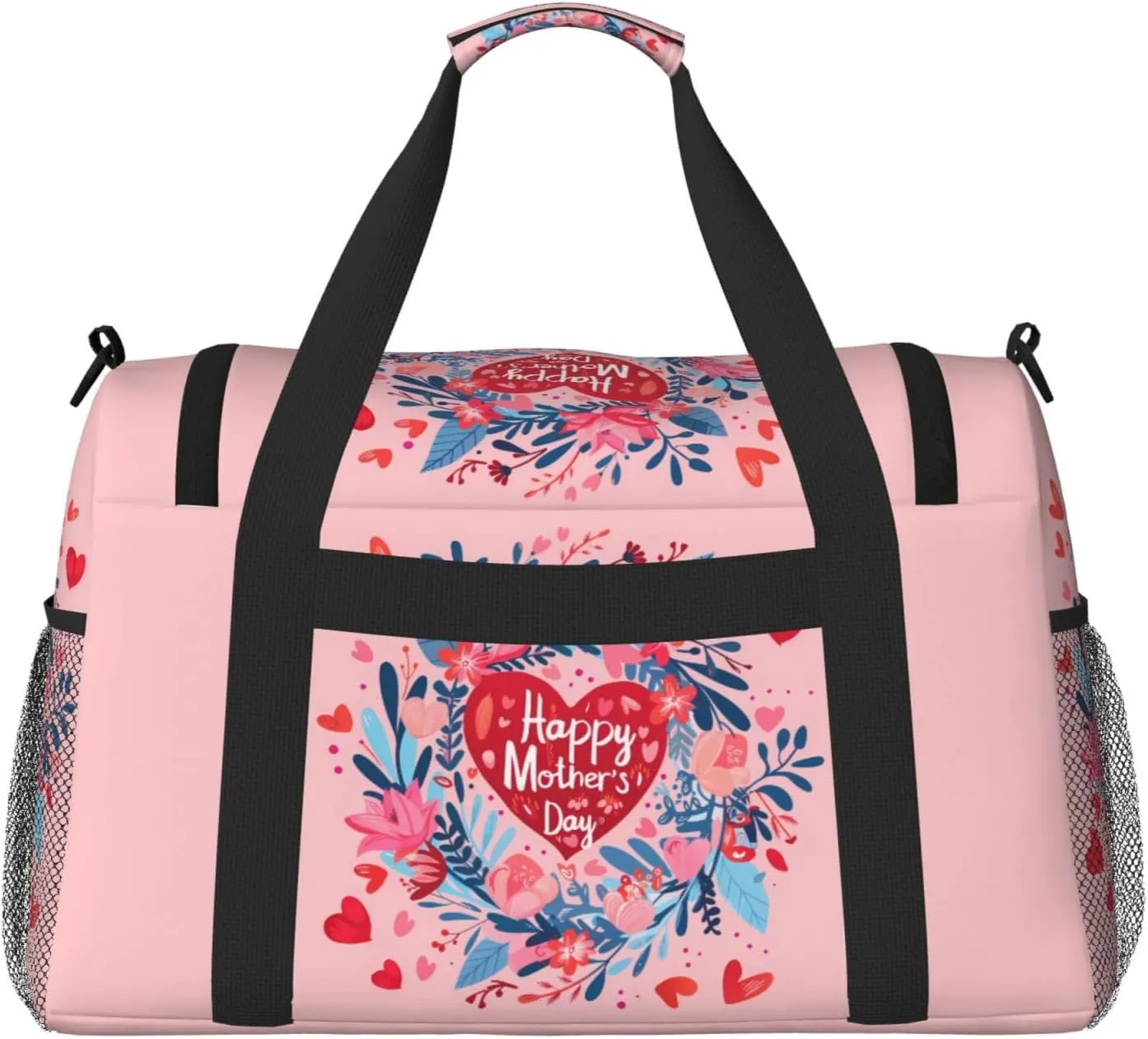 Happy Mother's Day Big Capacity Sports Gym Bag Portable Travel Duffle Bag, Flowers Ring Hearts Lightweight Weekender Workout Bag for Overnight, Unisex