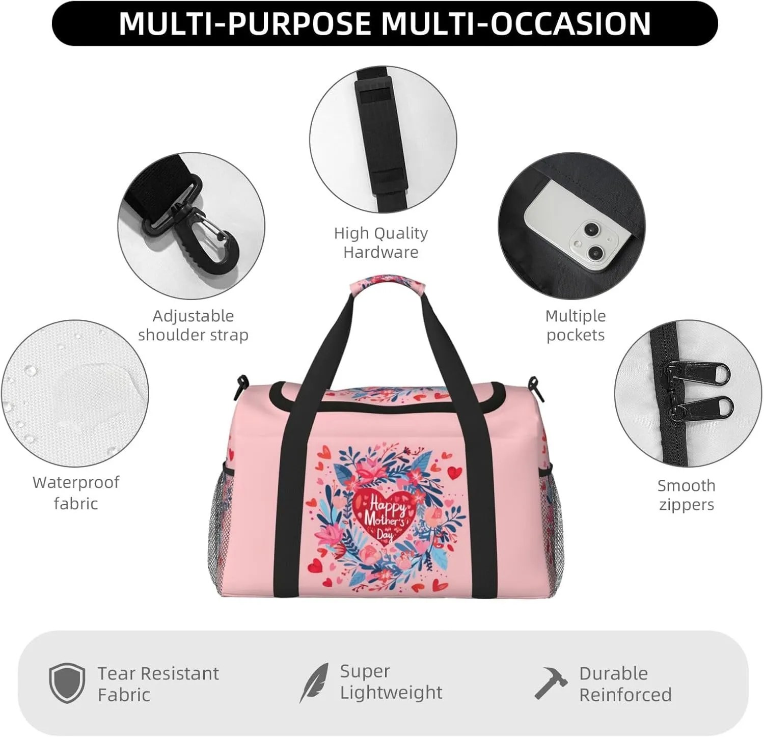 Happy Mother's Day Big Capacity Sports Gym Bag Portable Travel Duffle Bag, Flowers Ring Hearts Lightweight Weekender Workout Bag for Overnight, Unisex