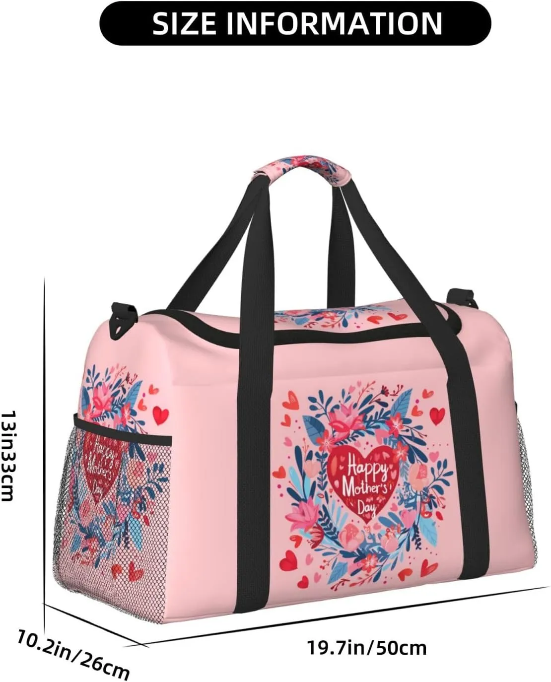 Happy Mother's Day Big Capacity Sports Gym Bag Portable Travel Duffle Bag, Flowers Ring Hearts Lightweight Weekender Workout Bag for Overnight, Unisex