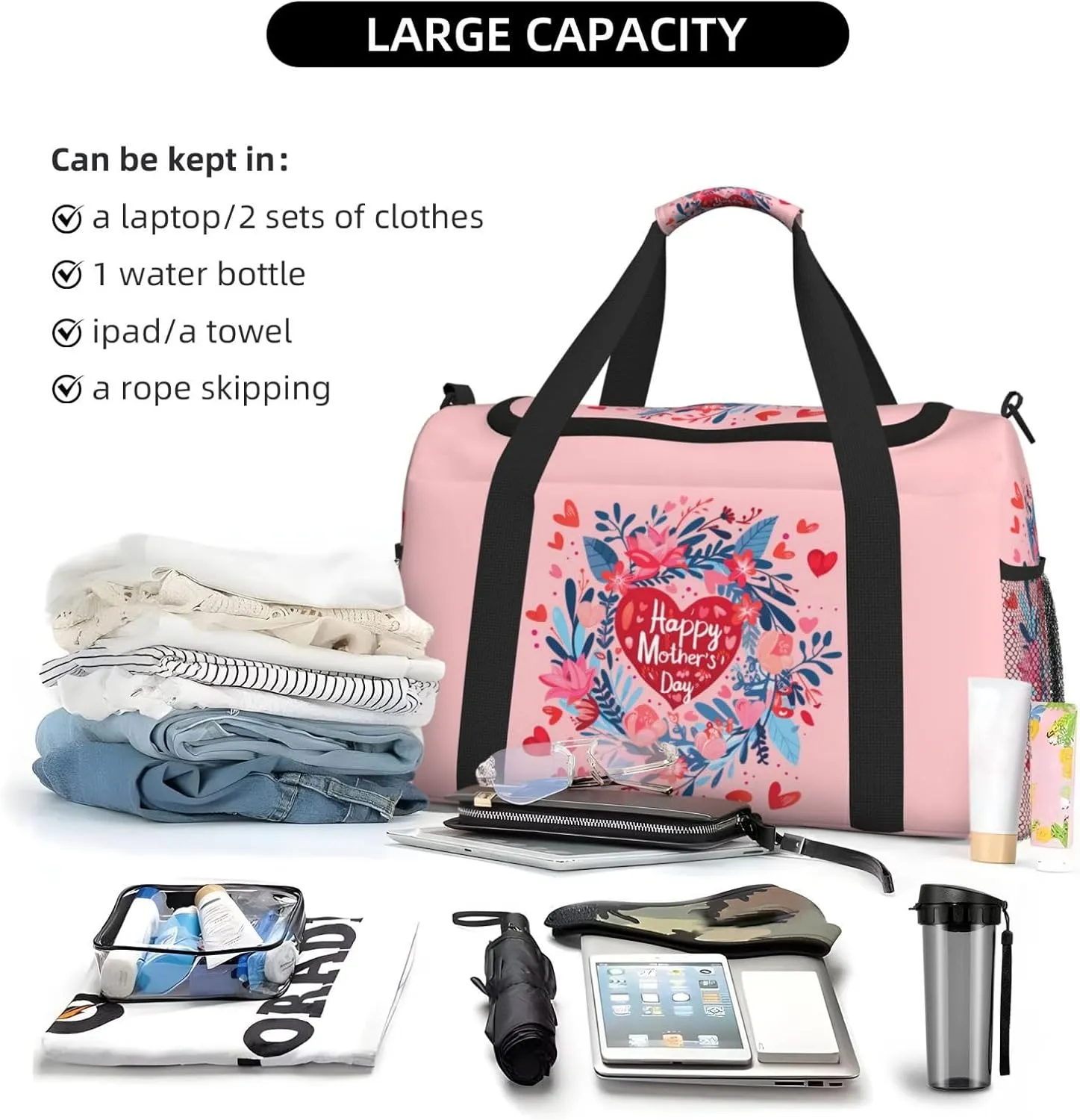 Happy Mother's Day Big Capacity Sports Gym Bag Portable Travel Duffle Bag, Flowers Ring Hearts Lightweight Weekender Workout Bag for Overnight, Unisex