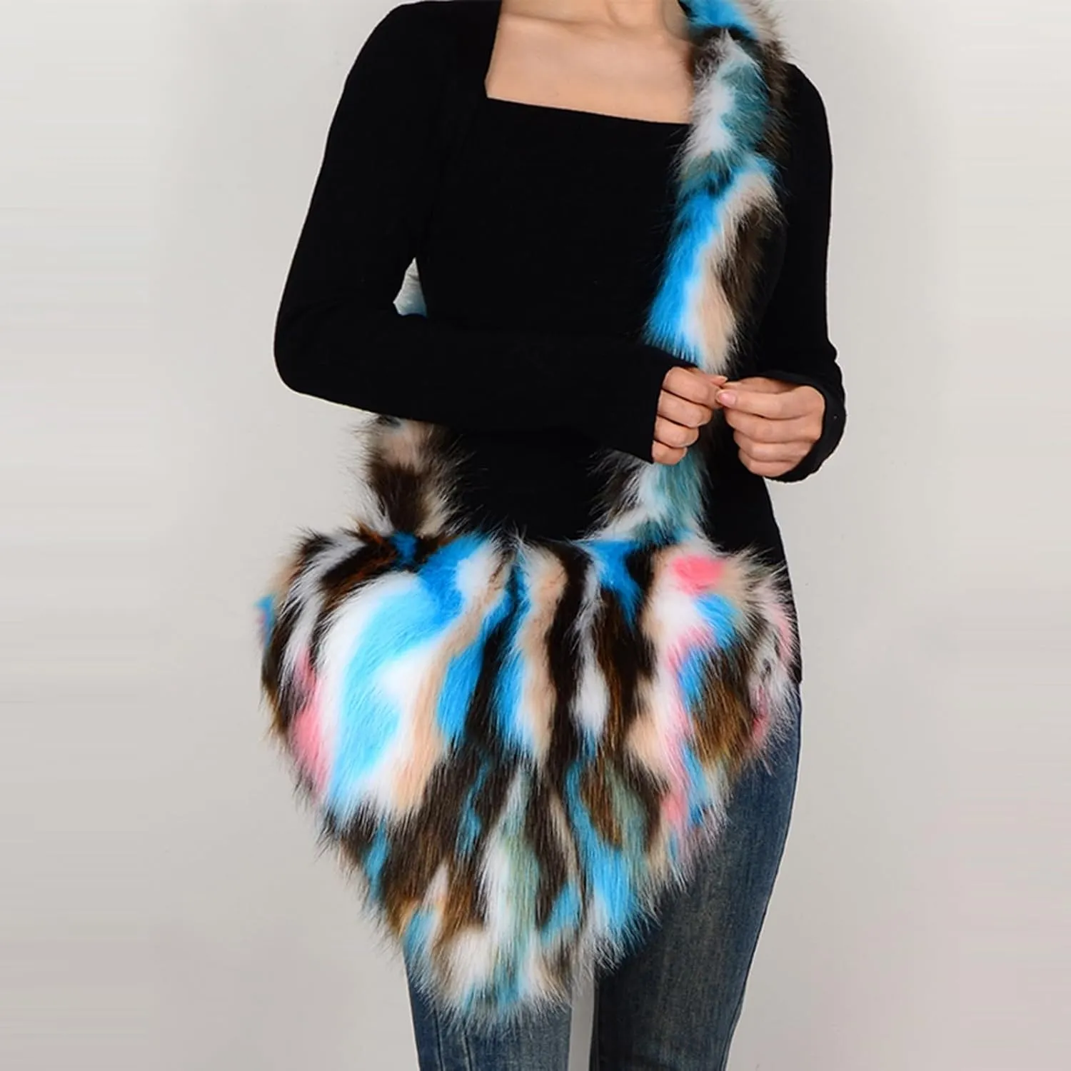 Heart Fluffy Women's Large Soft Shoulder Bag Fluffy Faux Fur Fashion Y2k Girls Tote Bag