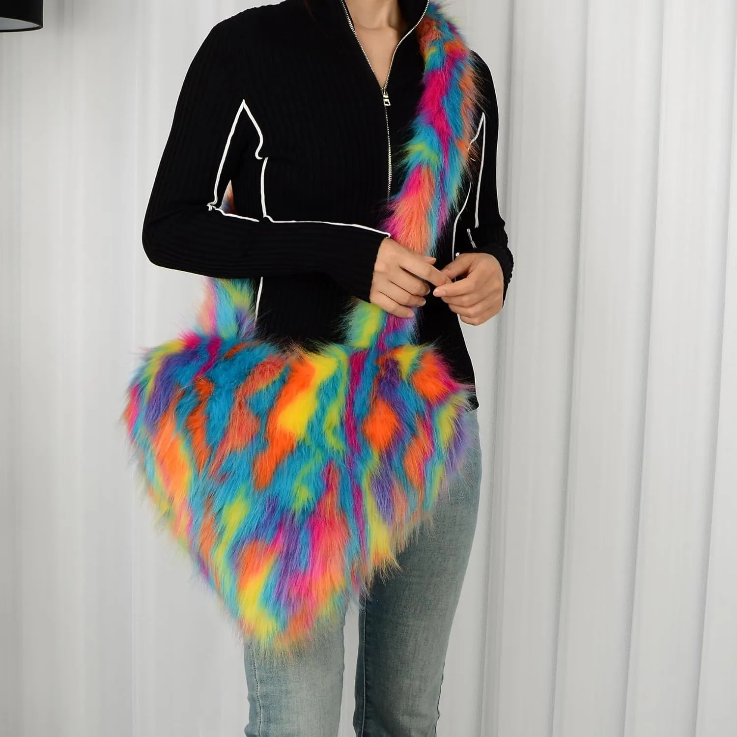 Heart Fluffy Women's Large Soft Shoulder Bag Fluffy Faux Fur Fashion Y2k Girls Tote Bag