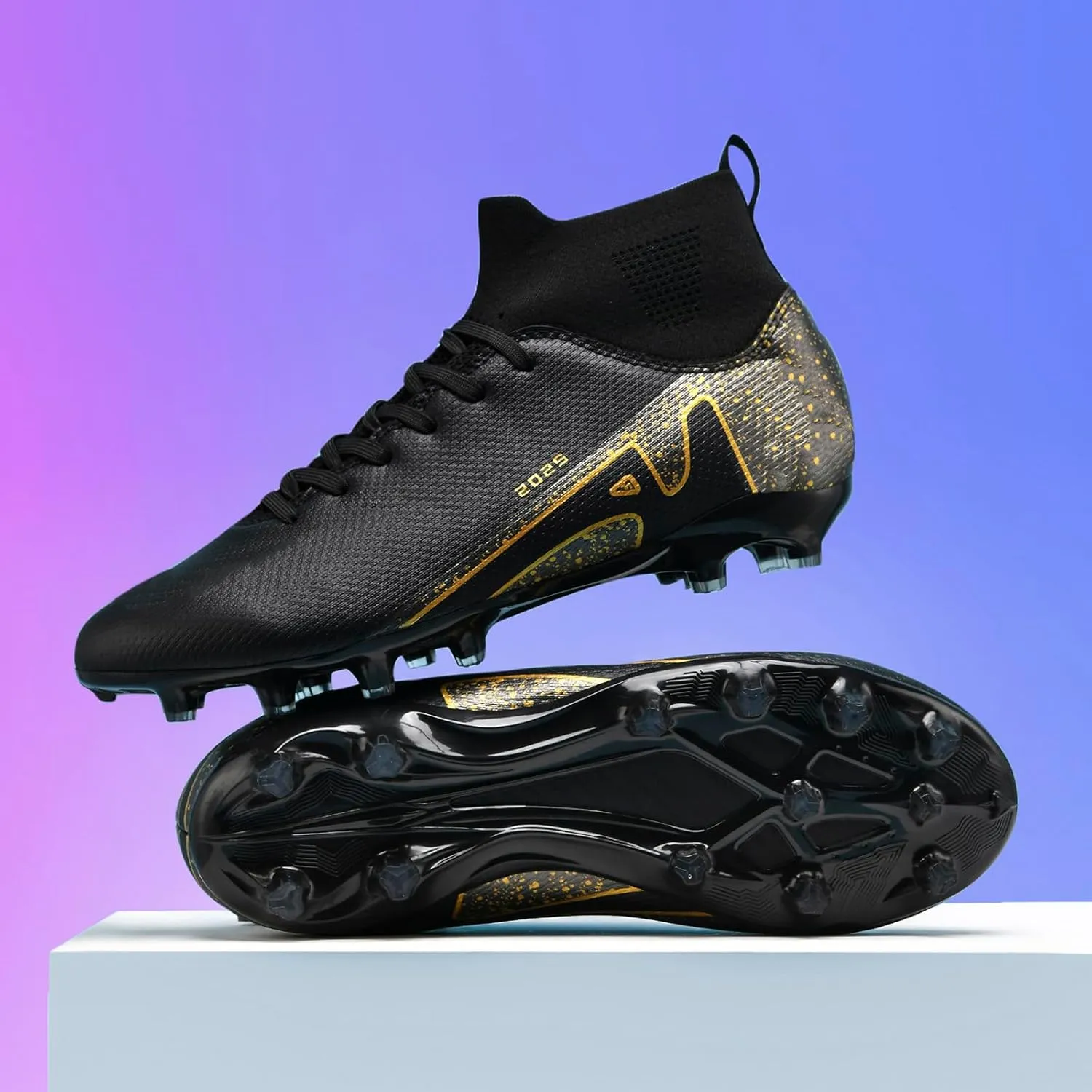 HHY Men's Soccer Shoes Football Cleats with Lace-Up High-Tops Non-Slip Spikes